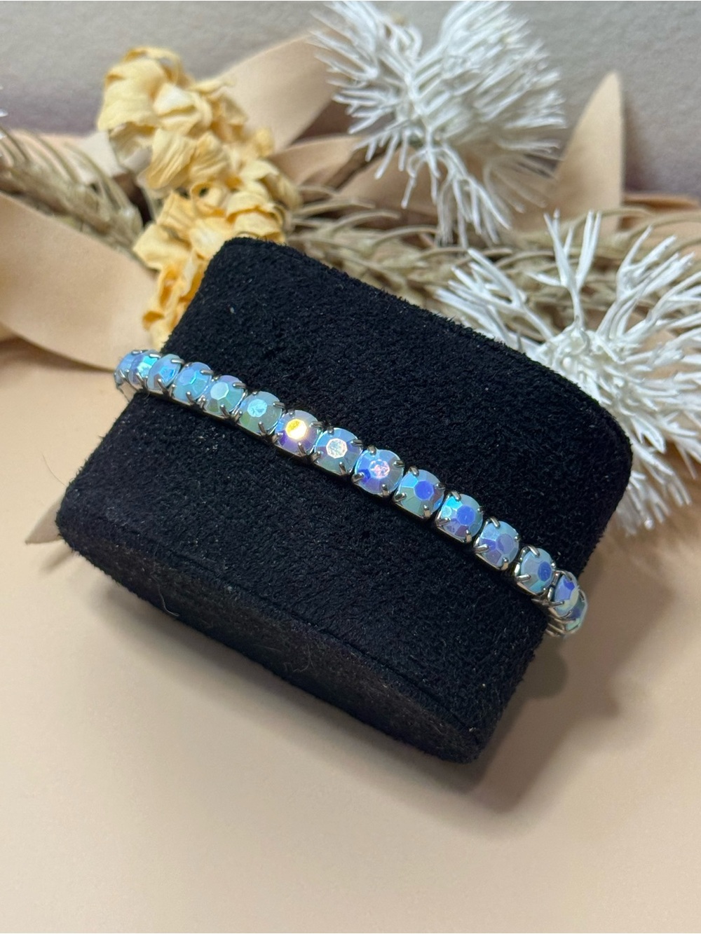 Vintage Blue Aurora Borealis Rhinestone Silver Tone Stretch Tennis Bracelet